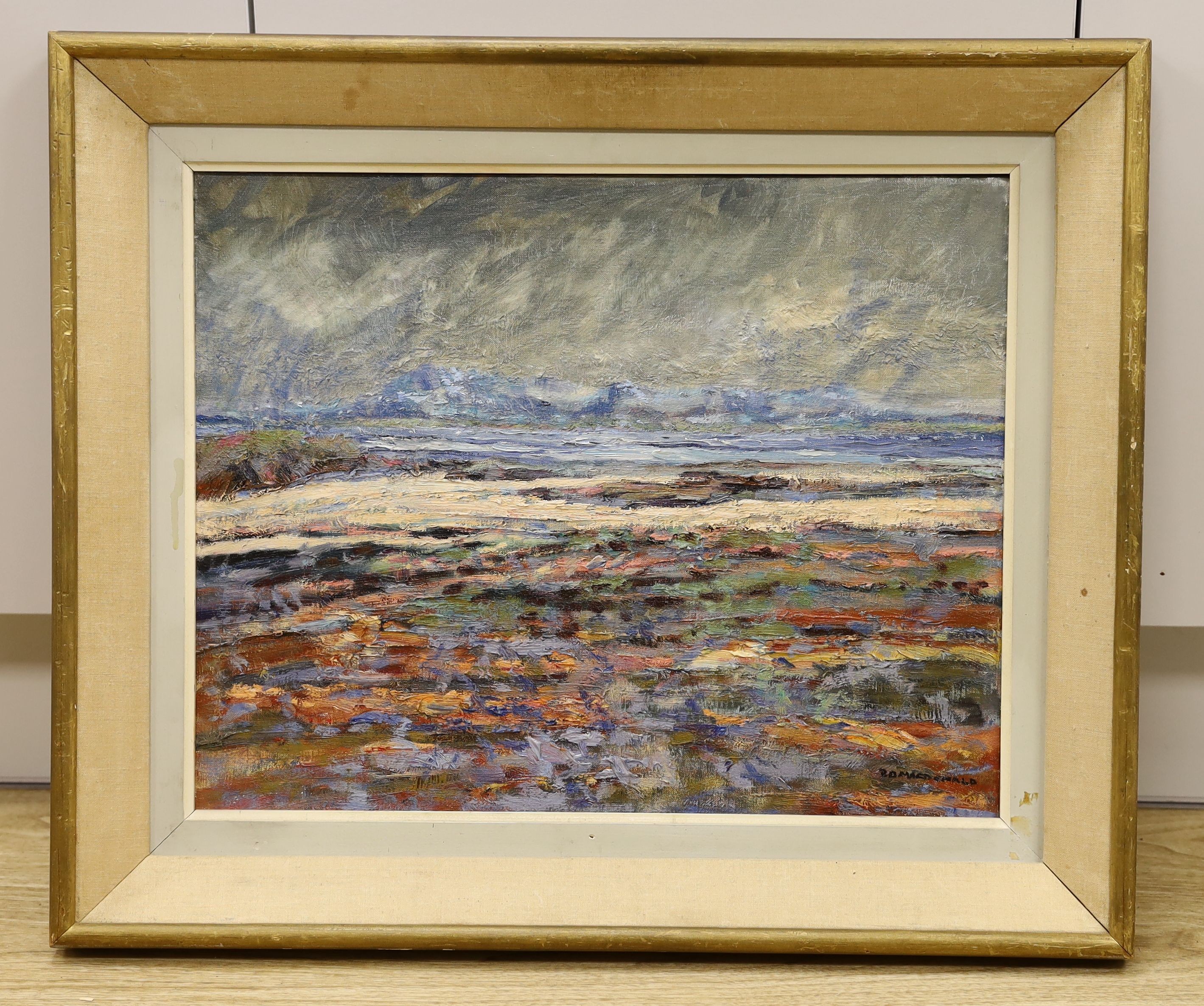 Sir Roderick Macdonald (1921-2001), oil on canvas, 'Low water, Loch Snizort, Skye', signed, 40 x 50cm